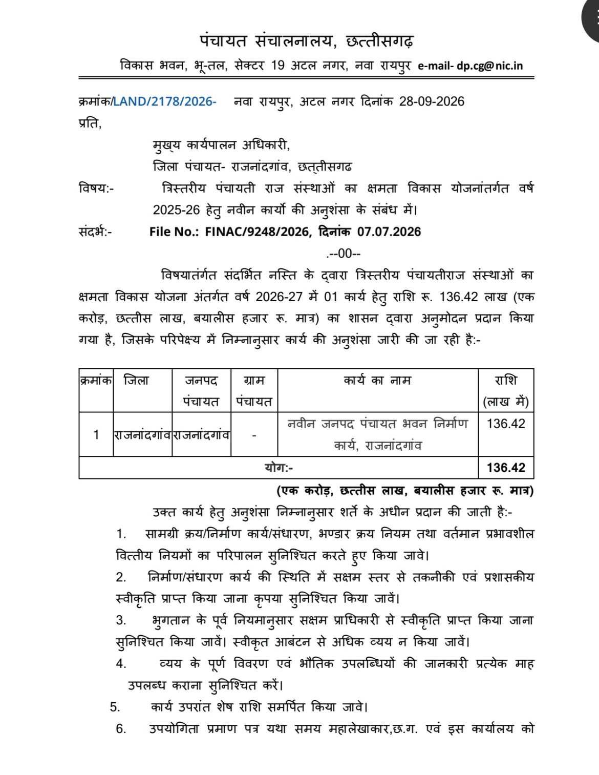 राजनांदगांव में नवीन जनपद पंचायत भवन निर्माण के लिए 1.36 करोड़ की राशि स्वीकृत